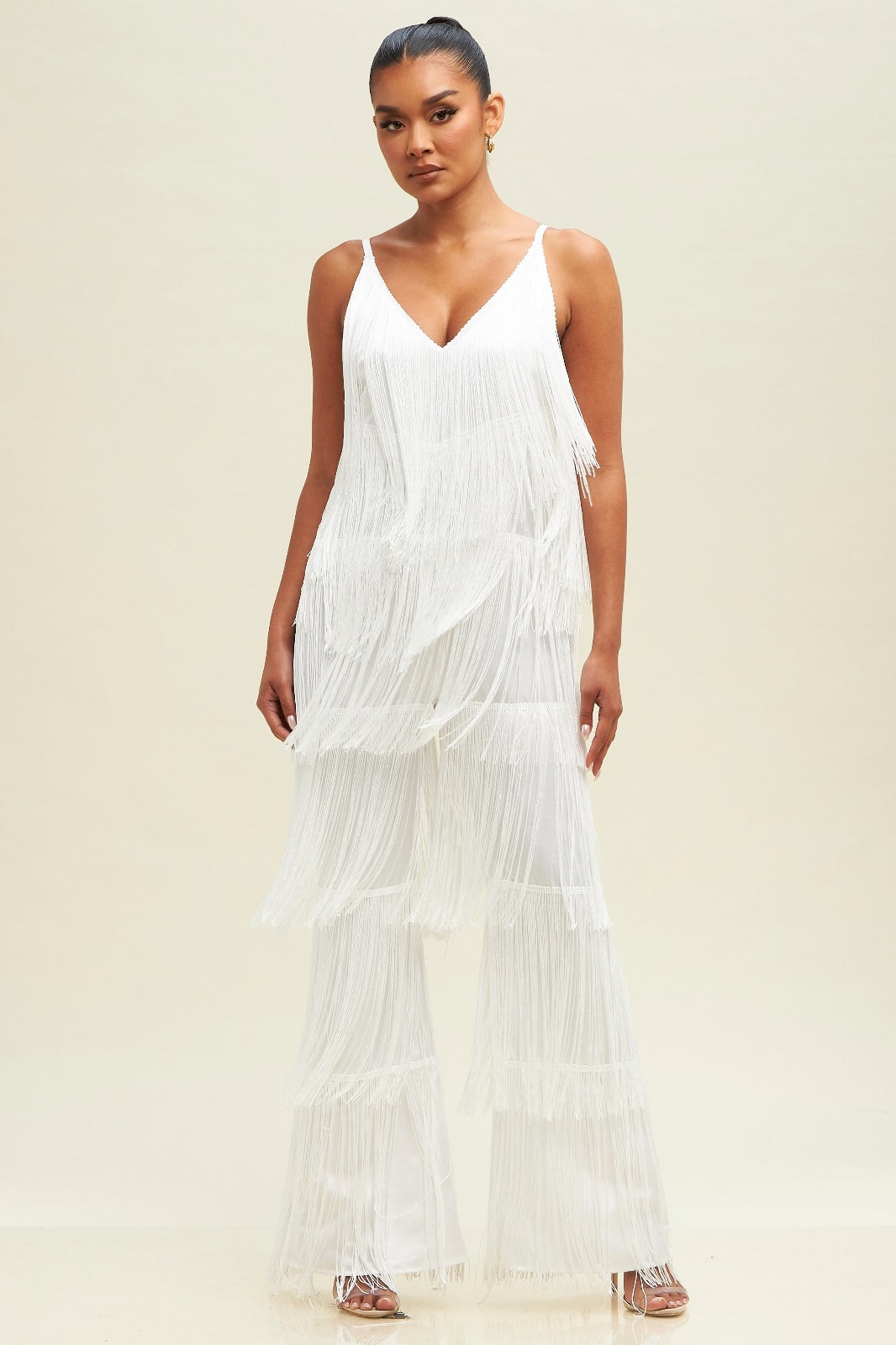 All white fringe jumpsuit online