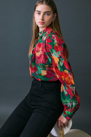 Green Red floral blouse